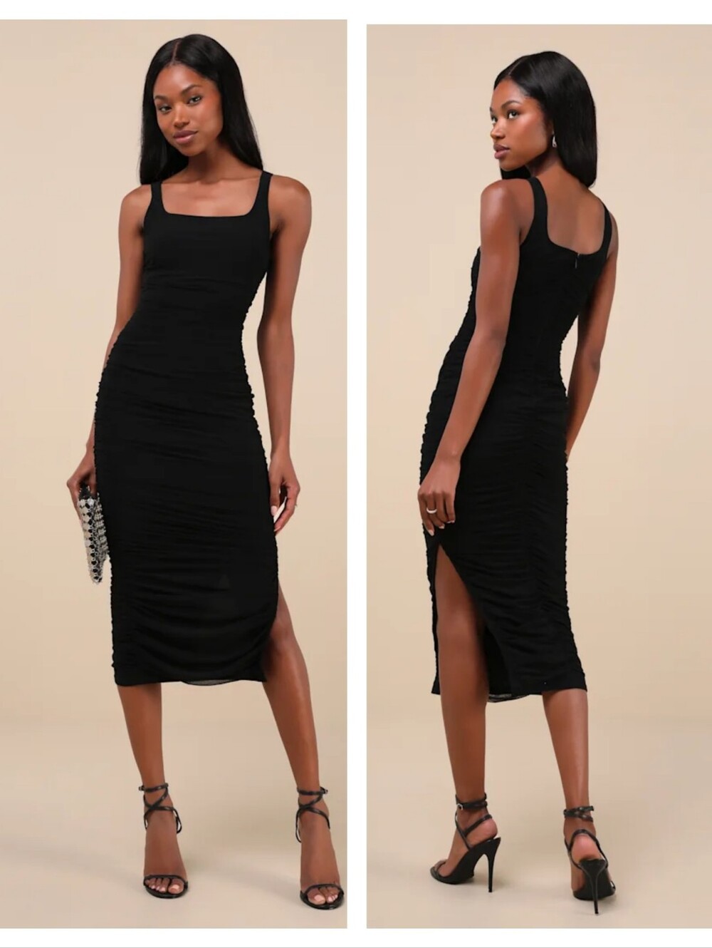 The Lulus V.I.P. Treatment Black Mesh Ruched Bodycon Midi Dress Small